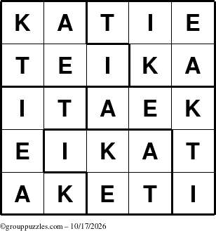 The grouppuzzles.com Answer grid for the Katie puzzle for Saturday October 17, 2026