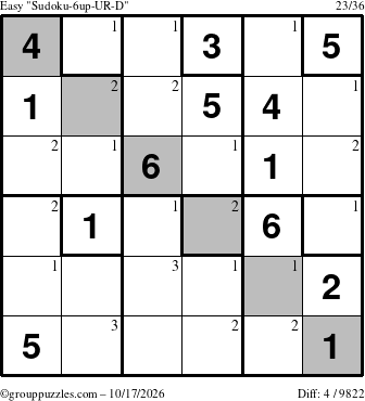 The grouppuzzles.com Easy Sudoku-6up-UR-D puzzle for Saturday October 17, 2026 with the first 3 steps marked