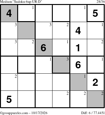 The grouppuzzles.com Medium Sudoku-6up-UR-D puzzle for Saturday October 17, 2026 with the first 3 steps marked