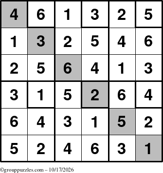 The grouppuzzles.com Answer grid for the Sudoku-6up-UR-D puzzle for Saturday October 17, 2026