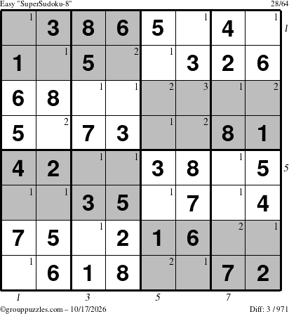 The grouppuzzles.com Easy SuperSudoku-8 puzzle for Saturday October 17, 2026 with all 3 steps marked