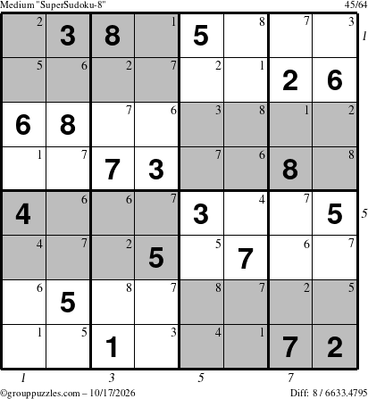 The grouppuzzles.com Medium SuperSudoku-8 puzzle for Saturday October 17, 2026, suitable for printing, with all 8 steps marked