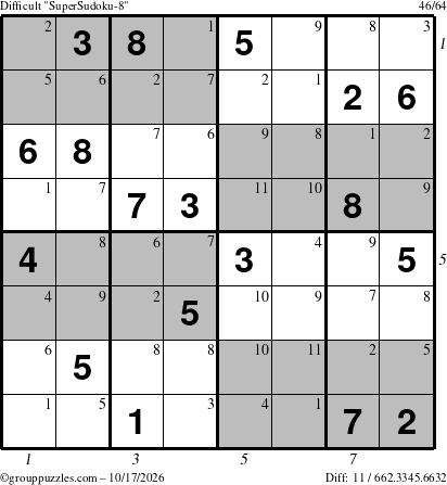 The grouppuzzles.com Difficult SuperSudoku-8 puzzle for Saturday October 17, 2026 with all 11 steps marked