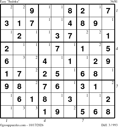 The grouppuzzles.com Easy Sudoku puzzle for Saturday October 17, 2026, suitable for printing, with all 3 steps marked