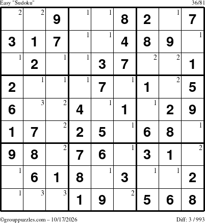 The grouppuzzles.com Easy Sudoku puzzle for Saturday October 17, 2026 with the first 3 steps marked