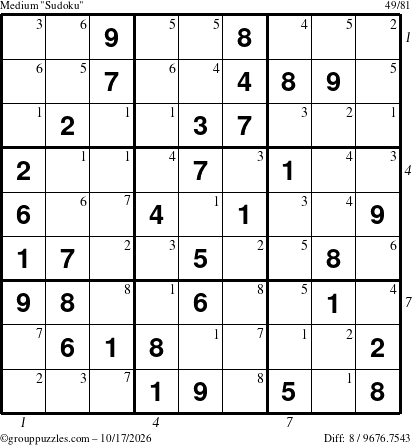 The grouppuzzles.com Medium Sudoku puzzle for Saturday October 17, 2026, suitable for printing, with all 8 steps marked