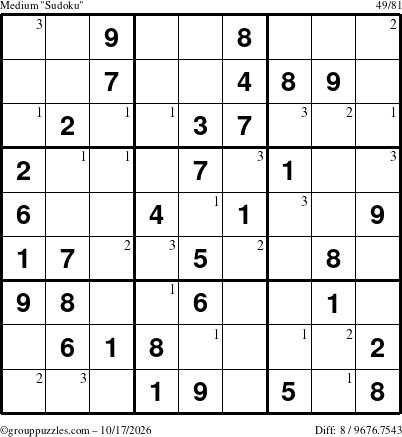 The grouppuzzles.com Medium Sudoku puzzle for Saturday October 17, 2026 with the first 3 steps marked