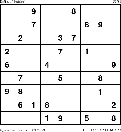 The grouppuzzles.com Difficult Sudoku puzzle for Saturday October 17, 2026