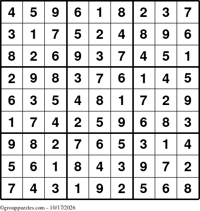 The grouppuzzles.com Answer grid for the Sudoku puzzle for Saturday October 17, 2026