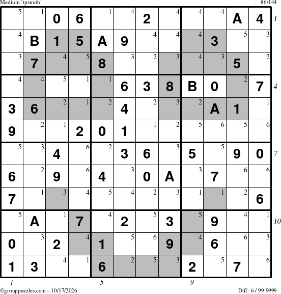 The grouppuzzles.com Medium tpsmith puzzle for Saturday October 17, 2026, suitable for printing, with all 6 steps marked