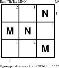 The grouppuzzles.com Easy TicTac-MNO puzzle for Saturday October 17, 2026, suitable for printing, with all 2 steps marked