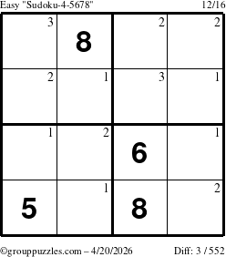 The grouppuzzles.com Easy Sudoku-4-5678 puzzle for Monday April 20, 2026 with the first 3 steps marked