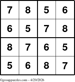 The grouppuzzles.com Answer grid for the Sudoku-4-5678 puzzle for Monday April 20, 2026