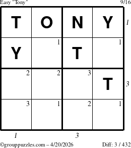 The grouppuzzles.com Easy Tony puzzle for Monday April 20, 2026, suitable for printing, with all 3 steps marked
