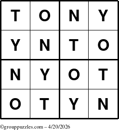 The grouppuzzles.com Answer grid for the Tony puzzle for Monday April 20, 2026