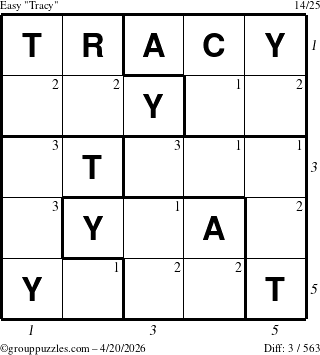 The grouppuzzles.com Easy Tracy puzzle for Monday April 20, 2026, suitable for printing, with all 3 steps marked