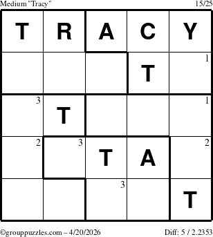 The grouppuzzles.com Medium Tracy puzzle for Monday April 20, 2026 with the first 3 steps marked