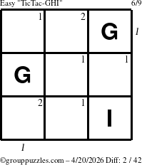 The grouppuzzles.com Easy TicTac-GHI puzzle for Monday April 20, 2026, suitable for printing, with all 2 steps marked