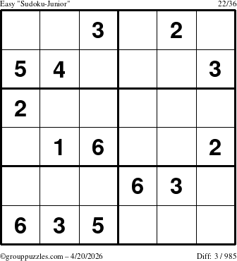 The grouppuzzles.com Easy Sudoku-Junior puzzle for Monday April 20, 2026