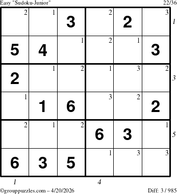 The grouppuzzles.com Easy Sudoku-Junior puzzle for Monday April 20, 2026, suitable for printing, with all 3 steps marked