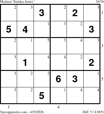 The grouppuzzles.com Medium Sudoku-Junior puzzle for Monday April 20, 2026, suitable for printing, with all 5 steps marked