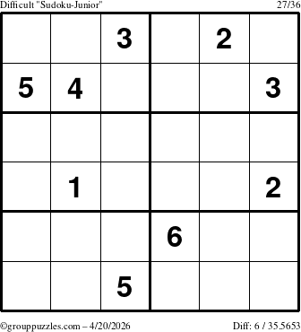 The grouppuzzles.com Difficult Sudoku-Junior puzzle for Monday April 20, 2026