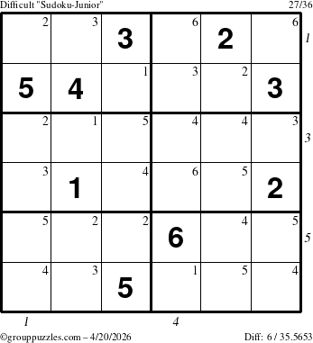 The grouppuzzles.com Difficult Sudoku-Junior puzzle for Monday April 20, 2026 with all 6 steps marked