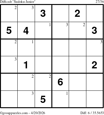The grouppuzzles.com Difficult Sudoku-Junior puzzle for Monday April 20, 2026 with the first 3 steps marked