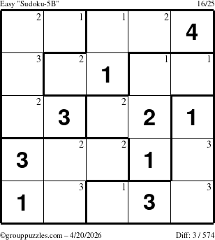 The grouppuzzles.com Easy Sudoku-5B puzzle for Monday April 20, 2026 with the first 3 steps marked