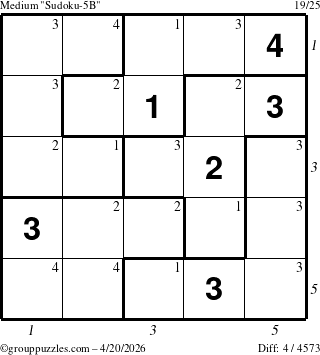 The grouppuzzles.com Medium Sudoku-5B puzzle for Monday April 20, 2026 with all 4 steps marked
