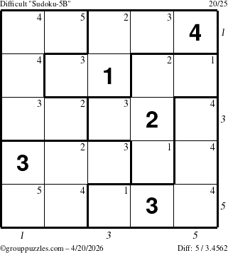 The grouppuzzles.com Difficult Sudoku-5B puzzle for Monday April 20, 2026 with all 5 steps marked