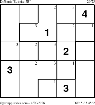The grouppuzzles.com Difficult Sudoku-5B puzzle for Monday April 20, 2026 with the first 3 steps marked