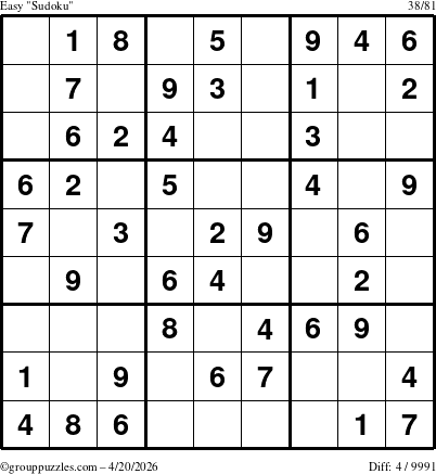 The grouppuzzles.com Easy Sudoku puzzle for Monday April 20, 2026