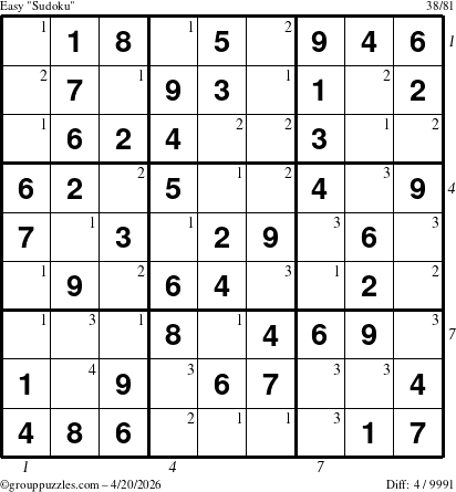 The grouppuzzles.com Easy Sudoku puzzle for Monday April 20, 2026, suitable for printing, with all 4 steps marked