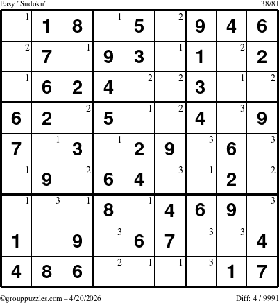 The grouppuzzles.com Easy Sudoku puzzle for Monday April 20, 2026 with the first 3 steps marked