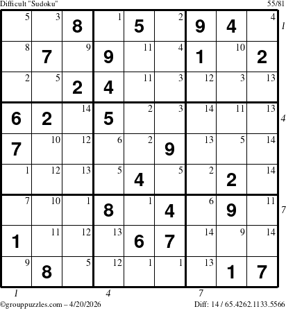The grouppuzzles.com Difficult Sudoku puzzle for Monday April 20, 2026, suitable for printing, with all 14 steps marked