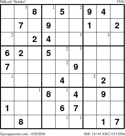 The grouppuzzles.com Difficult Sudoku puzzle for Monday April 20, 2026 with the first 3 steps marked