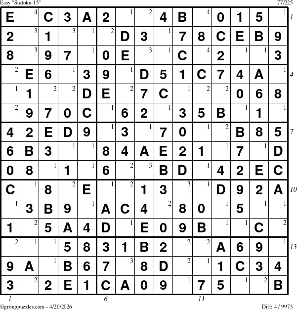 The grouppuzzles.com Easy Sudoku-15 puzzle for Monday April 20, 2026, suitable for printing, with all 4 steps marked