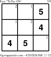 The grouppuzzles.com Easy TicTac-456 puzzle for Monday April 20, 2026 with the first 2 steps marked