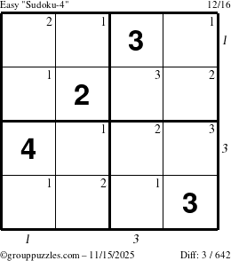 The grouppuzzles.com Easy Sudoku-4 puzzle for Saturday November 15, 2025, suitable for printing, with all 3 steps marked