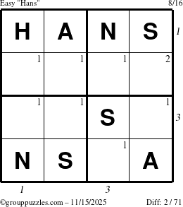 The grouppuzzles.com Easy Hans puzzle for Saturday November 15, 2025, suitable for printing, with all 2 steps marked
