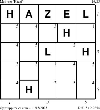 The grouppuzzles.com Medium Hazel puzzle for Saturday November 15, 2025 with all 5 steps marked