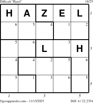 The grouppuzzles.com Difficult Hazel puzzle for Saturday November 15, 2025, suitable for printing, with all 6 steps marked