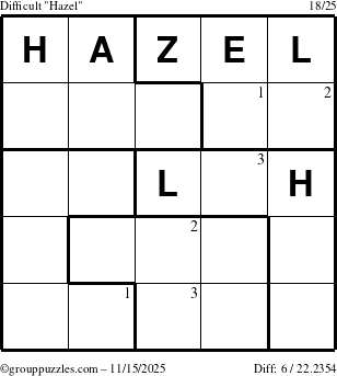 The grouppuzzles.com Difficult Hazel puzzle for Saturday November 15, 2025 with the first 3 steps marked