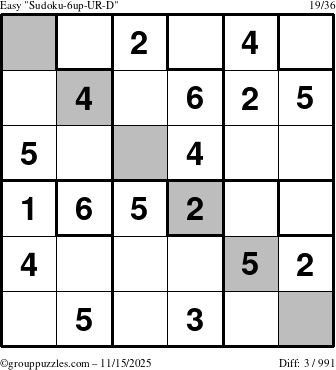 The grouppuzzles.com Easy Sudoku-6up-UR-D puzzle for Saturday November 15, 2025