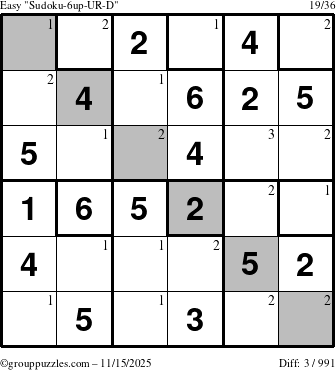 The grouppuzzles.com Easy Sudoku-6up-UR-D puzzle for Saturday November 15, 2025 with the first 3 steps marked