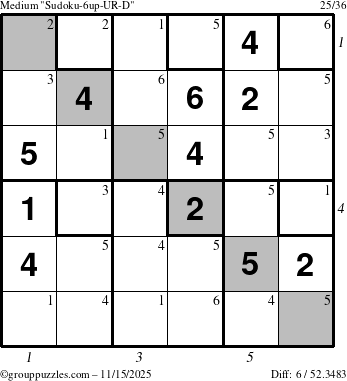 The grouppuzzles.com Medium Sudoku-6up-UR-D puzzle for Saturday November 15, 2025 with all 6 steps marked