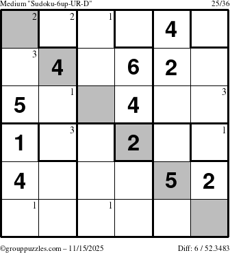 The grouppuzzles.com Medium Sudoku-6up-UR-D puzzle for Saturday November 15, 2025 with the first 3 steps marked