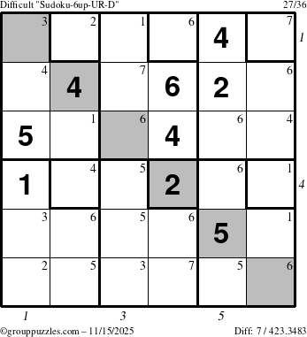 The grouppuzzles.com Difficult Sudoku-6up-UR-D puzzle for Saturday November 15, 2025 with all 7 steps marked