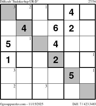 The grouppuzzles.com Difficult Sudoku-6up-UR-D puzzle for Saturday November 15, 2025 with the first 3 steps marked